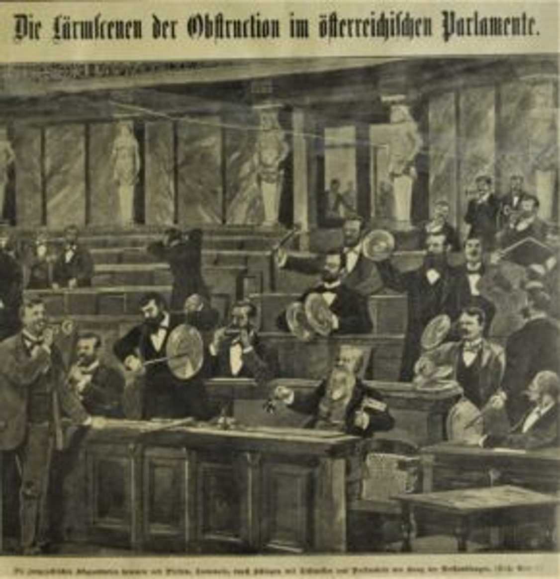 Die Lärmscenen der Obstruktion im österreichischen Parlamente / Hlučné scény obstrukce v rakouském parlamentu (Das interessante Blatt, 14. 6. 1900).
