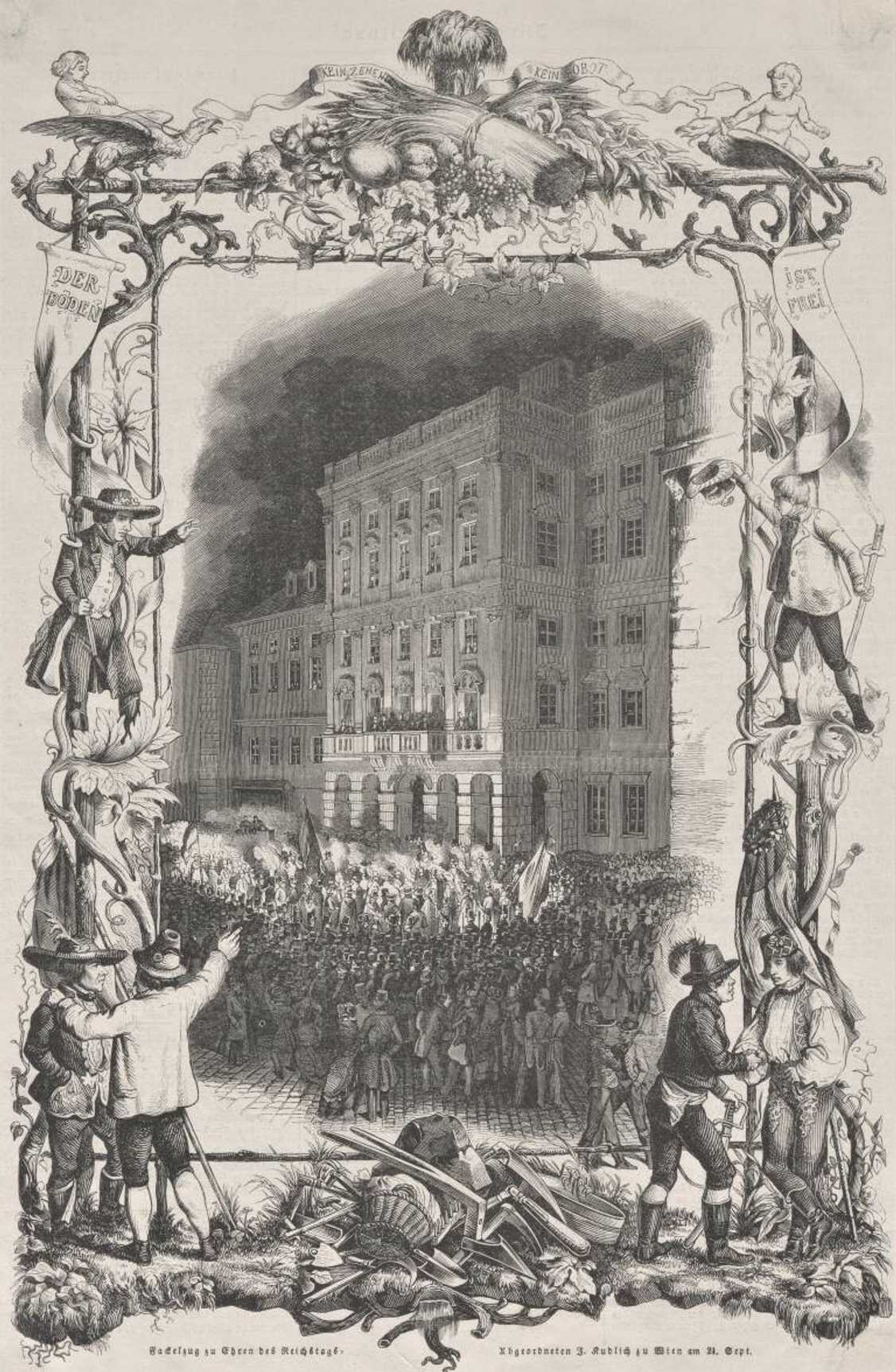 Pochodňový průvod 24. září 1848 ve Vídni k poctě Hanse Kudlicha, “osvoboditele rolníků”
