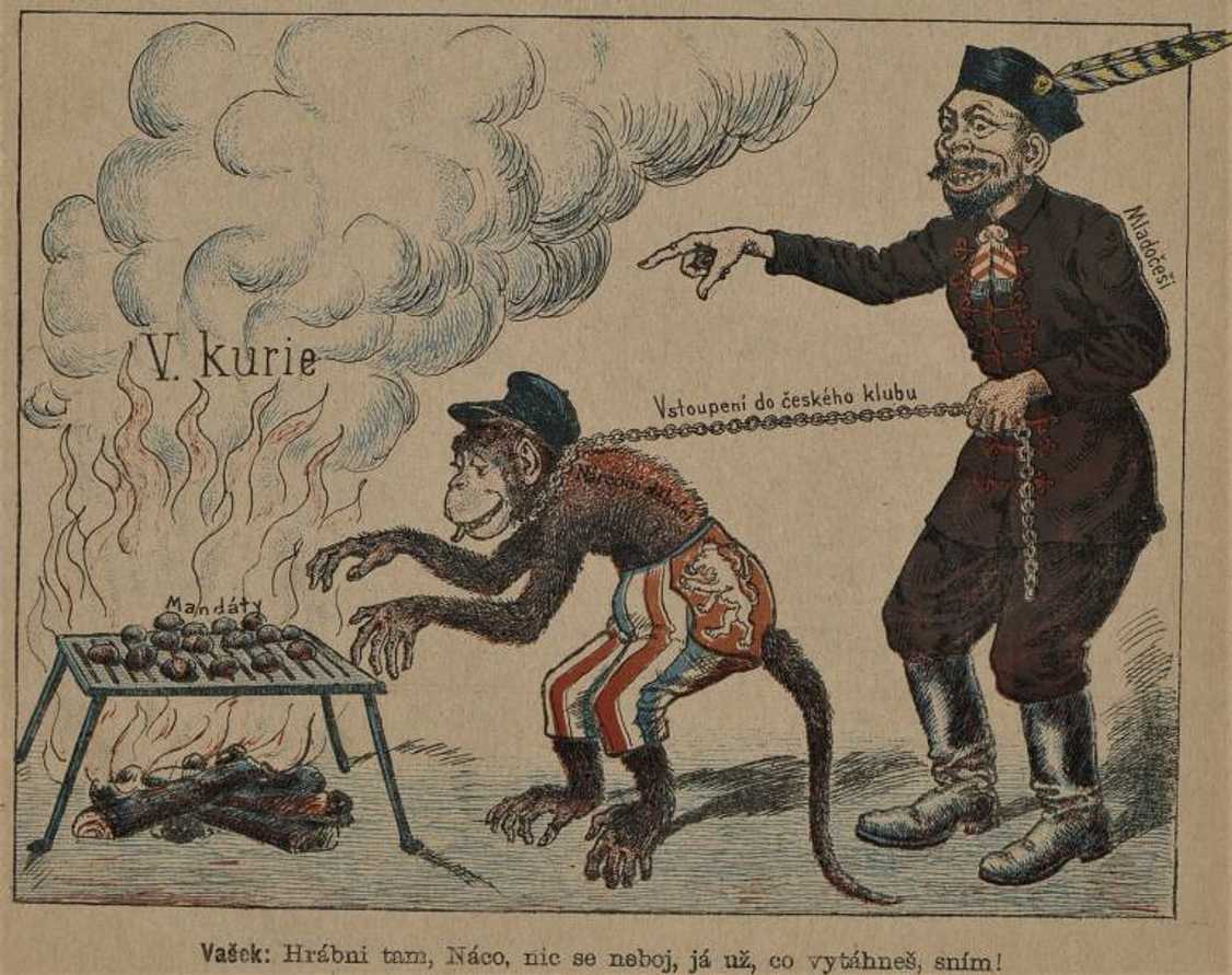 Sociálnědemokratická karikatura akcentující závislost českých &#8222;národních dělníků&#8220; na mladočeších (Rašple, 1. 12. 1900)
