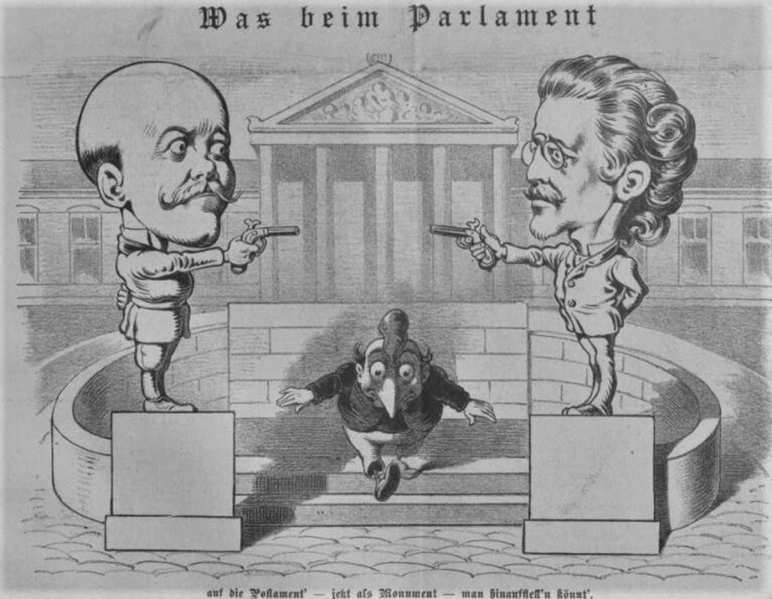 Was beim Parlament &#8211; auf die Postament&#8216; jetzt als Monument &#8211; man hinaufstell&#8217;n könnt&#8216; / Co by se teď u parlamentu mohlo postavit na podstavce jako monument. Kikeriki (14. října 1897)
