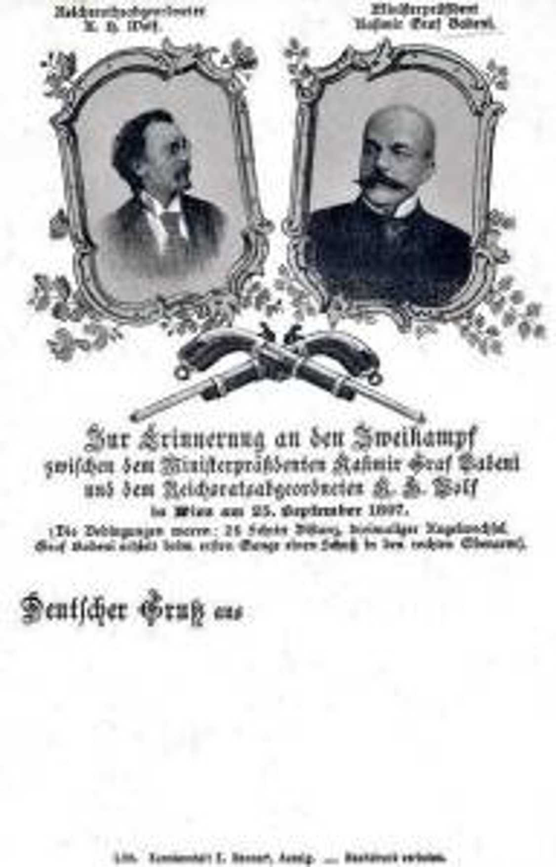Dobová pohlednice s tématem souboje ministerského předsedy Badeniho s &#8222;všeněmcem&#8220; K.H. Wolfem zastupujícím český Trutnov.
