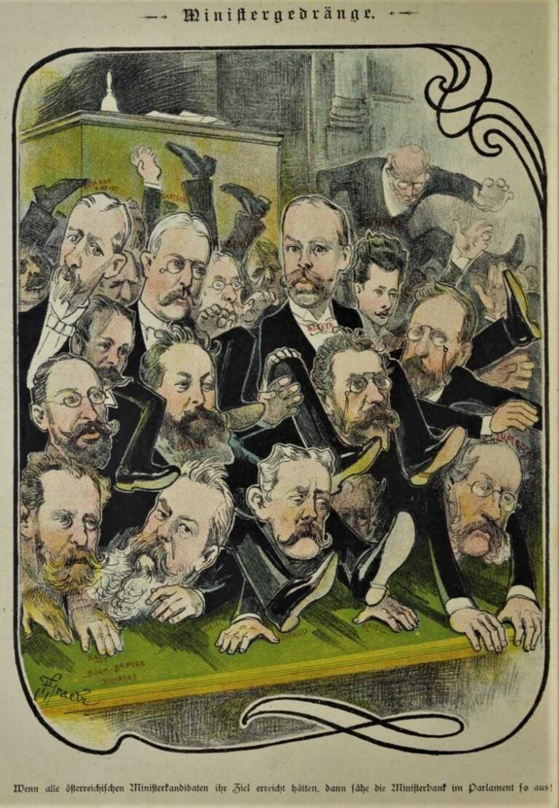 Ministergedränge / Ministerská tlačenice (Glühlichter, 1. 2. 1900)
