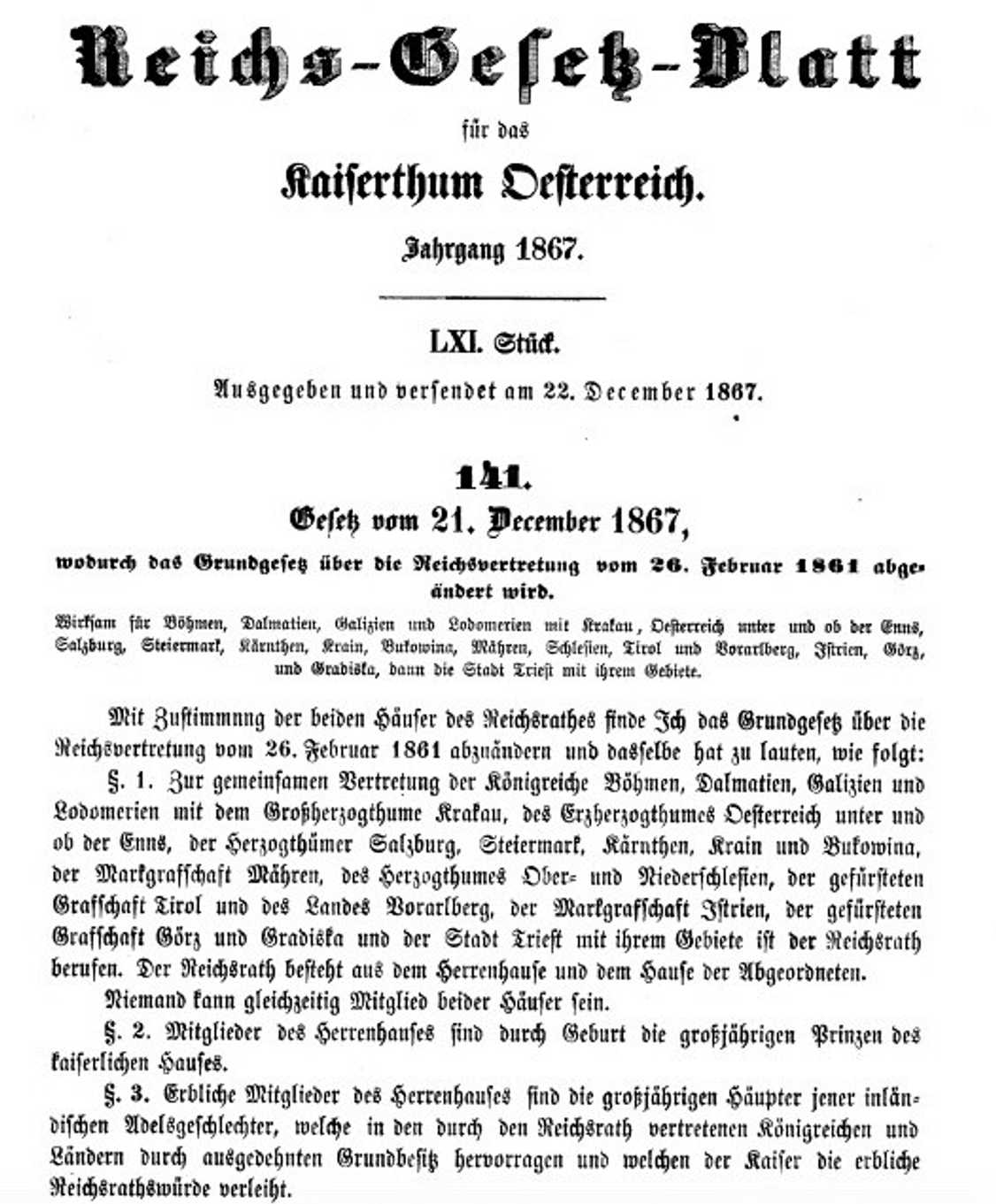 Titulní stránka říšského zákoníku s textem tzv. prosincové ústavy (1867).