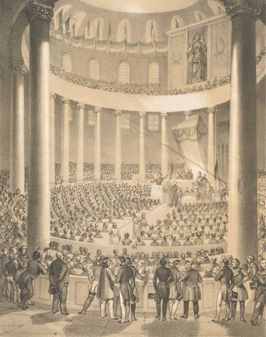 Pohled do jednacího sálu Německého národního shromáždění ve Frankfurtu nad Mohanem (1848).
