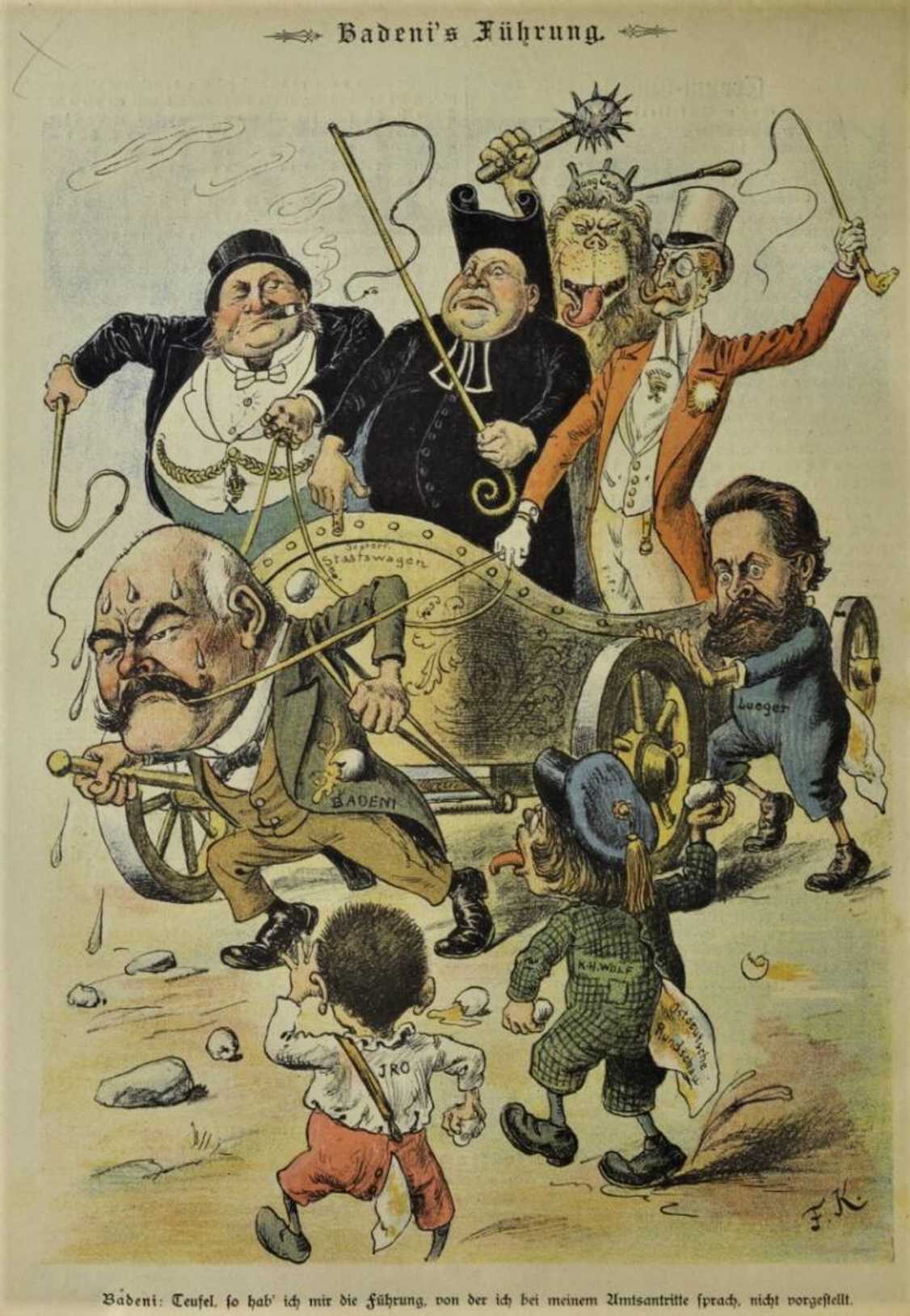 Badeni’s Führung / Badeniho řízení. Karikatura z časopisu Neue Glühlichter (8. května 1897) ukazuje těžkosti Badeniho koaliční vlády v parlamentě po vydání jazykových nařízení o vnitřní úřední češtině.
