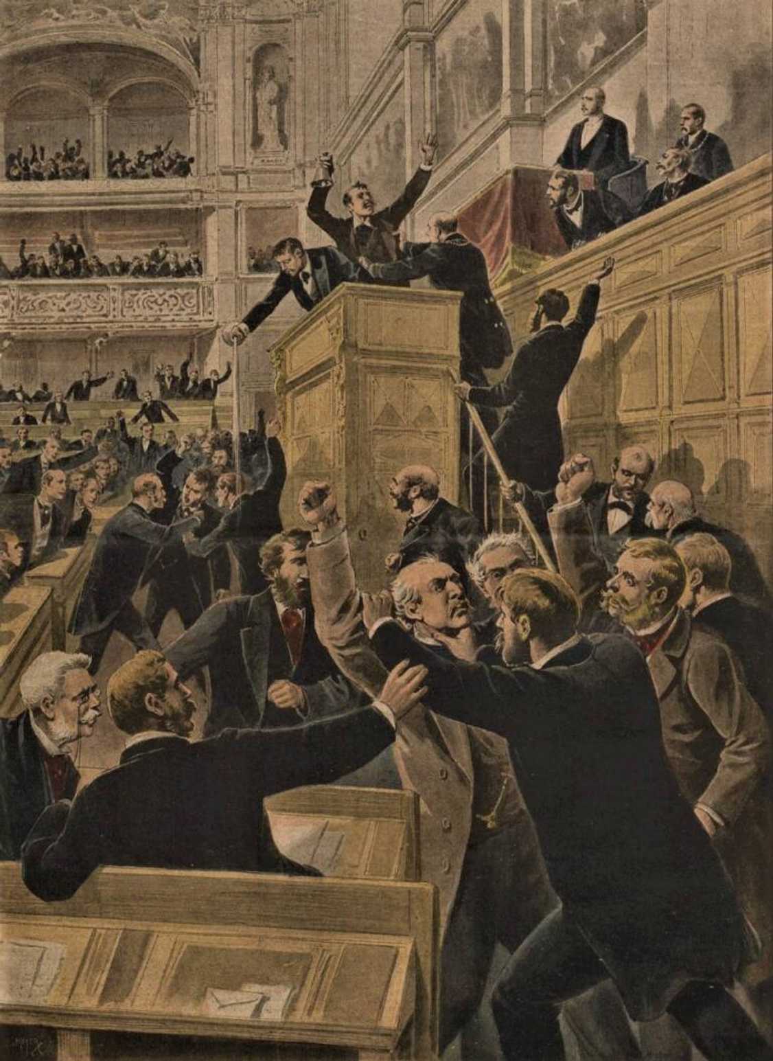 Od počátku 90. let docházelo k obstrukcím v rakouských zákonodárných sborech. Jedním z vrcholů byla násilná německá obstrukce z listopadu 1897. Rvačky a násilí tehdy poutaly pozornost celé Evropy, dokladem je tato francouzská karikatura.
