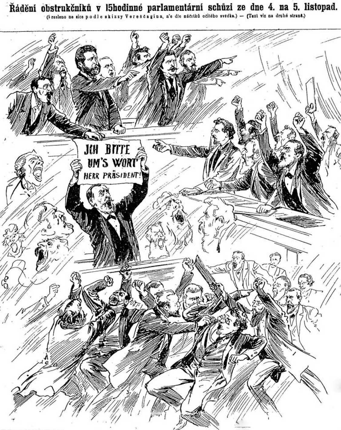 Řádění obstrukčníků&#8230; (Pražský illustrovaný kurýr (7. listopadu 1897)
